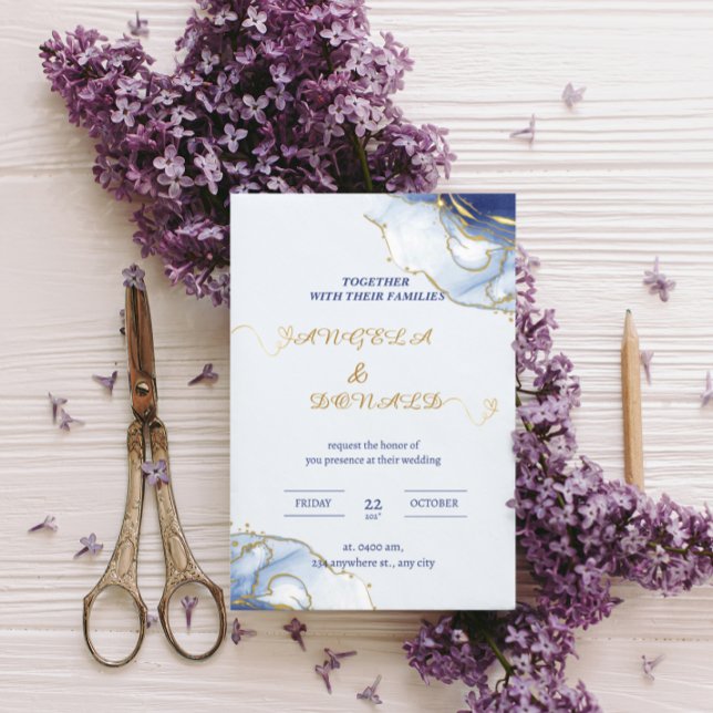 Blaue Minimalistische Vintage Hochzeit Folieneinladung (Von Creator hochgeladen)