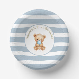 Blaue Minimalstreifen Teddy Bear Geburtstag Pappteller