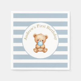 Blaue Minimalstreifen Teddy Bear Geburtstag Serviette