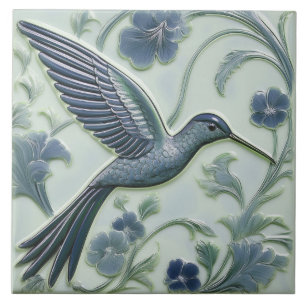 Blaue & Minzfarbene Faux-Relief-Art-Nouveau-Kolibr Fliese
