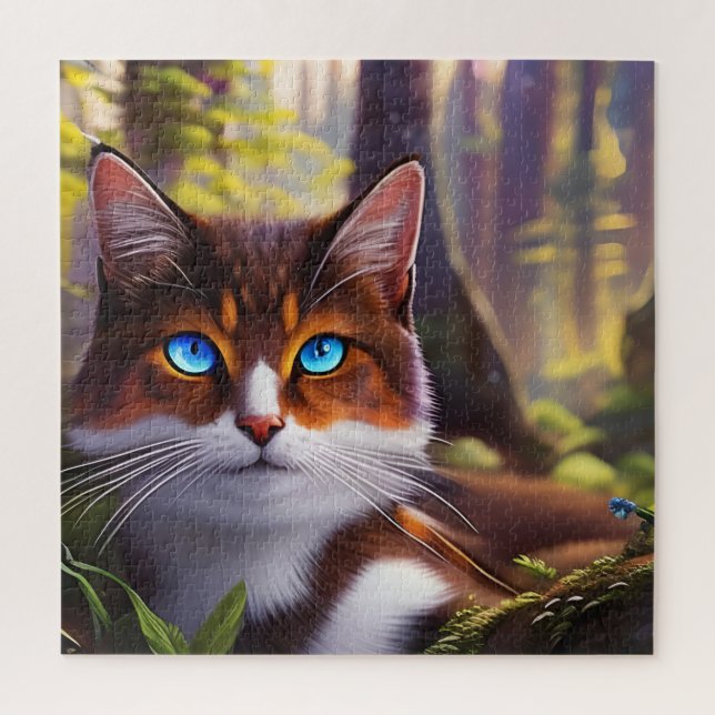 Blaue Mit Augen Katze im Wald Puzzle (Vertikal)
