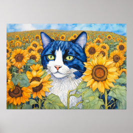 Blaue Mit Augen Katze in Sonnenblumen Poster
