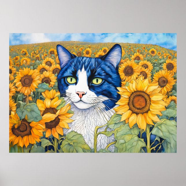 Blaue Mit Augen Katze in Sonnenblumen Poster (Vorne)