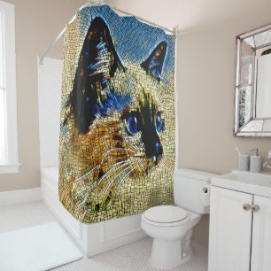 Blaue Mit Augen siamesische Katze Mosaikfliesen Duschvorhang