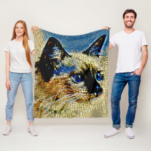 Blaue Mit Augen siamesische Katze Mosaikfliesen Fleecedecke