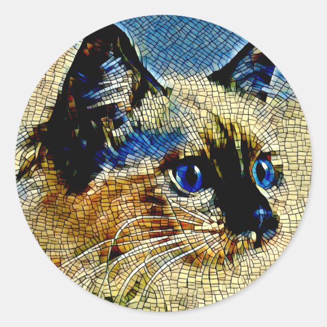 Blaue Mit Augen siamesische Katze Mosaikfliesen Runder Aufkleber (Vorderseite)