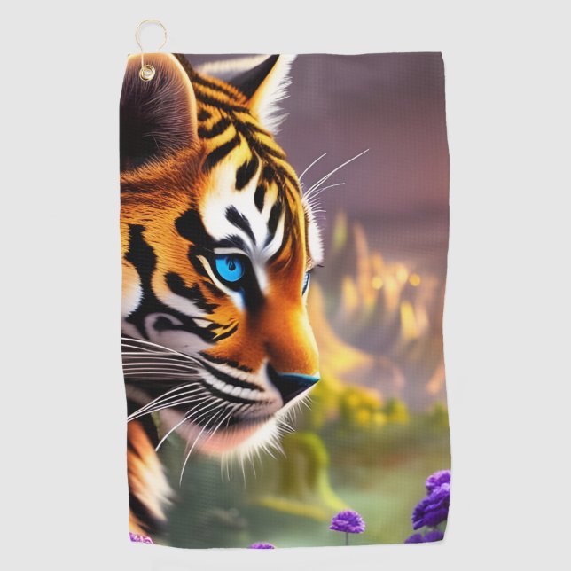 Blaue Mit Augen Tiger-Cube und violette Blumen Golfhandtuch (Vorderseite)