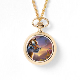 Blaue Mit Augen Tiger und rosa Blume Armbanduhr