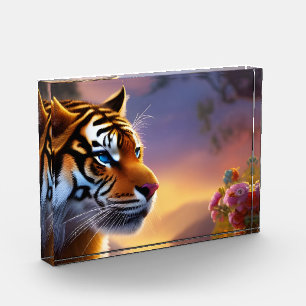 Blaue Mit Augen Tiger und rosa Blume Fotoblock