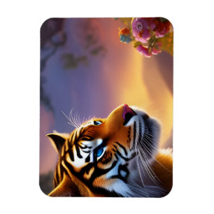 Blaue Mit Augen Tiger und rosa Blume Magnet