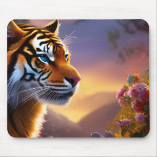Blaue Mit Augen Tiger und rosa Blume Mousepad