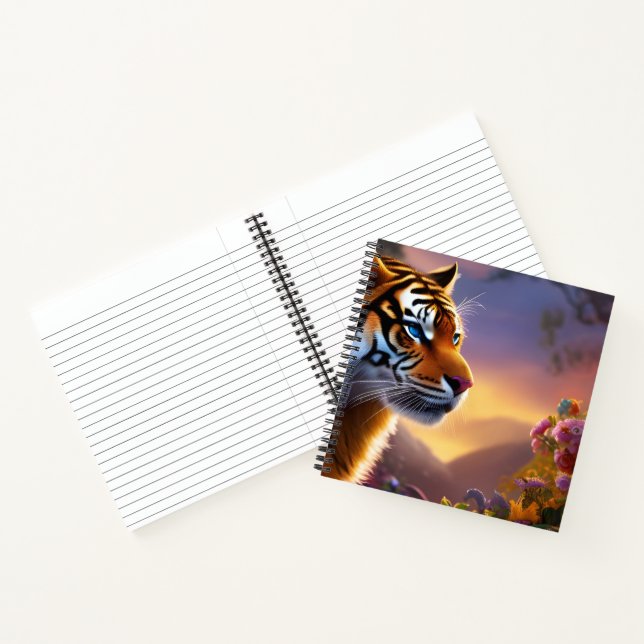 Blaue Mit Augen Tiger und rosa Blume Notizbuch (Innenseite)