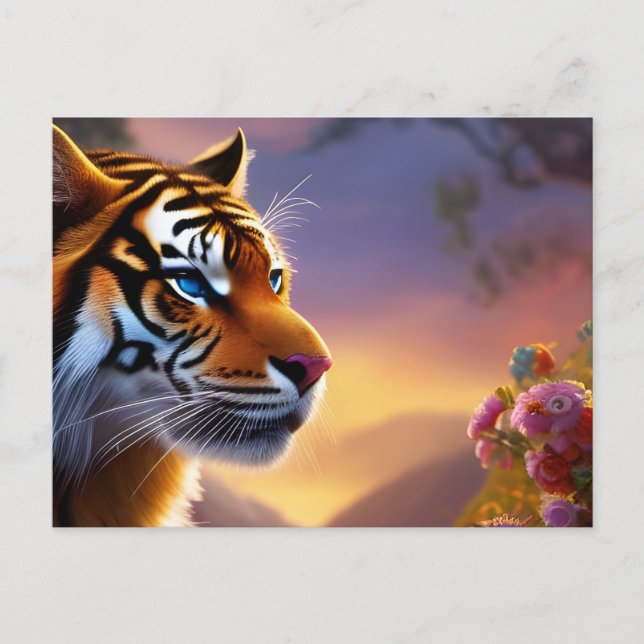Blaue Mit Augen Tiger und rosa Blume Postkarte (Vorderseite)