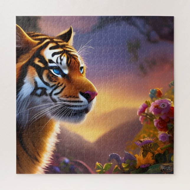 Blaue Mit Augen Tiger und rosa Blume Puzzle (Vertikal)