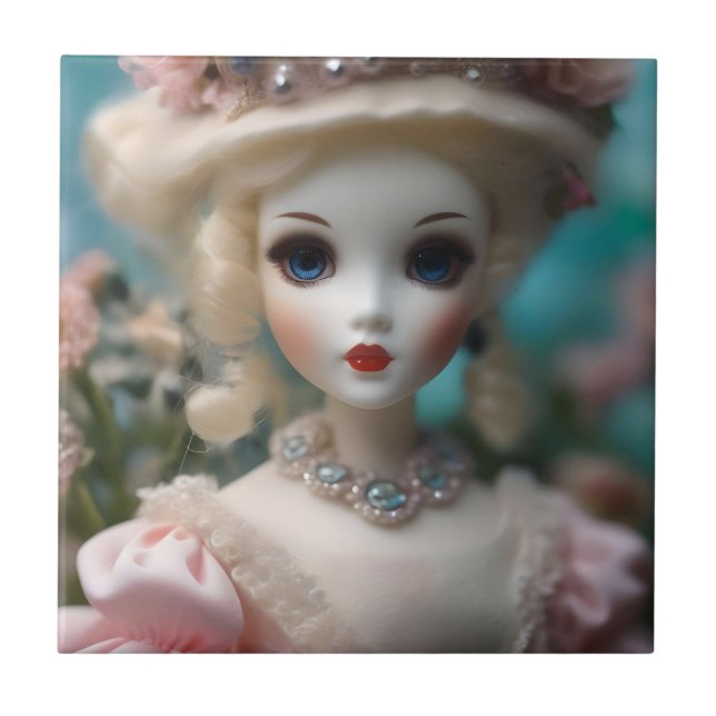 Blaue Mit Augen Vintage Puppe Fliese (Vorderseite)