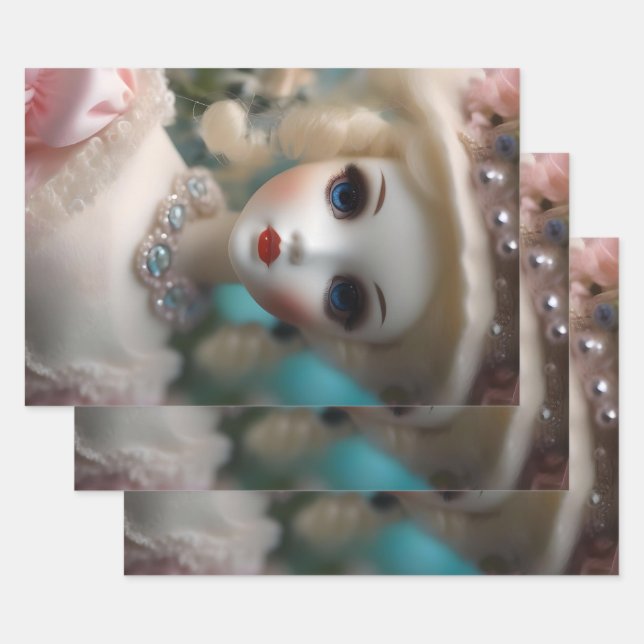 Blaue Mit Augen Vintage Puppe Geschenkpapier Set (Set)