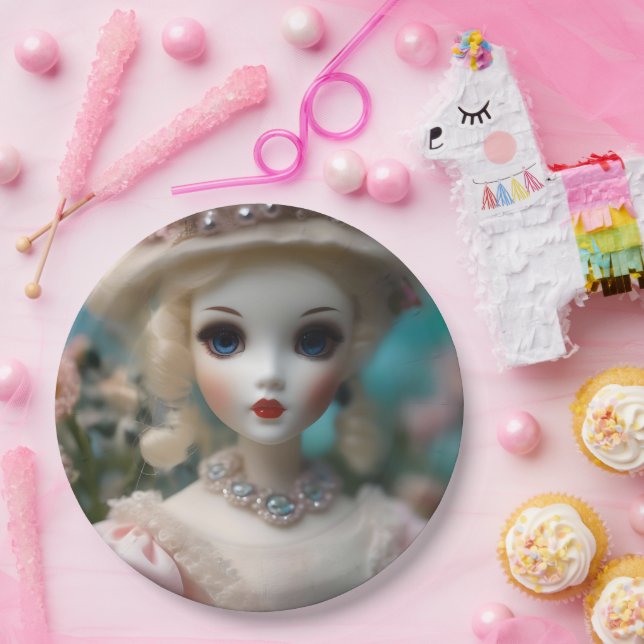 Blaue Mit Augen Vintage Puppe Pappteller (Party)