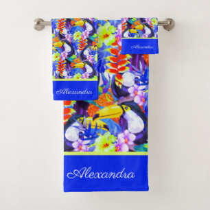 Blaue Mit Monogramm tropische Blume mit Toucan Badhandtuch Set