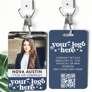 Blaue Mitarbeiter-Foto-ID mit QR-Code Firmenlogo Ausweis