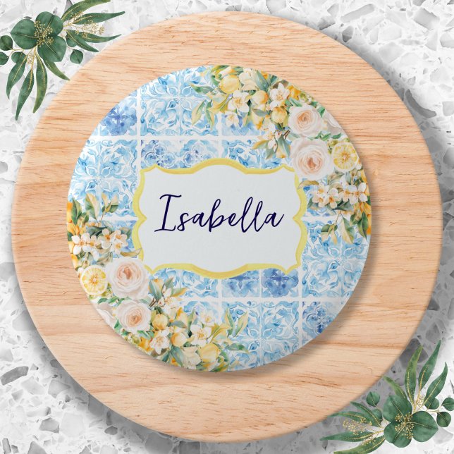 Blaue Mittelmeerfliesen-Blumen-Zitrone Personalisi Button (Von Creator hochgeladen)