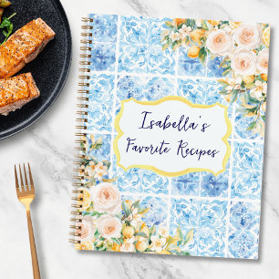 Blaue Mittelmeerfliesen Blumen Zitronen Rezeptbuch Notizbuch