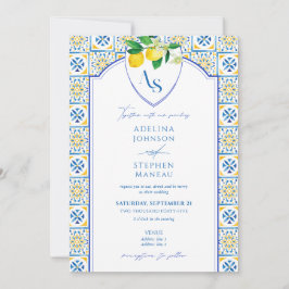 Blaue Mittelmeerfliesen Lemon auf einer Hochzeit Einladung