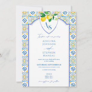 Blaue Mittelmeerfliesen Lemon auf einer Hochzeit Einladung
