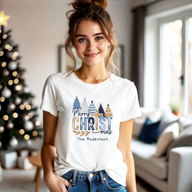 Blaue moderne Bäume Christlich Jesus Weihnachtsnam T-Shirt (Blue Modern Trees Christian Jesus Christmas Name T-Shirt)