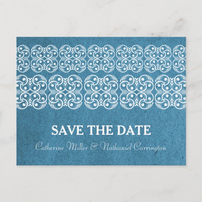 Blaue moderne Bohemische Save the Date Postkarte (Vorderseite)