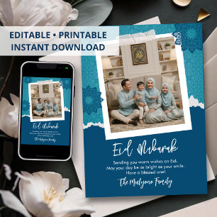 Blaue moderne Eid Mubarak-Fotokarte im Scrapbook-S Feiertagskarte