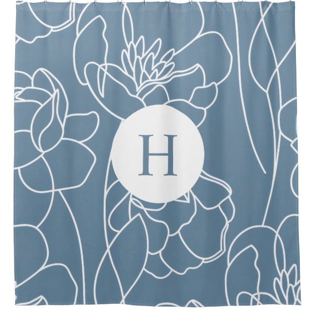 Blaue moderne elegante Wildblumen-Monogramm-Name Duschvorhang (Vorderseite)