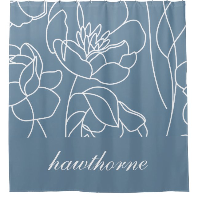 Blaue moderne elegante Wildblumen-Monogramm-Name Duschvorhang (Vorderseite)