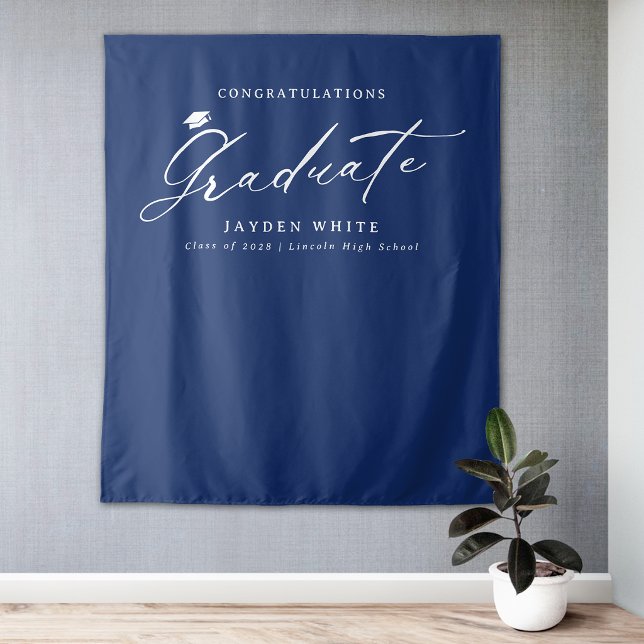 Blaue moderne Kalligrafie einfache Abschlussfeier Wandteppich (Blue Modern Calligraphy Simple Graduation Party Tapestry)