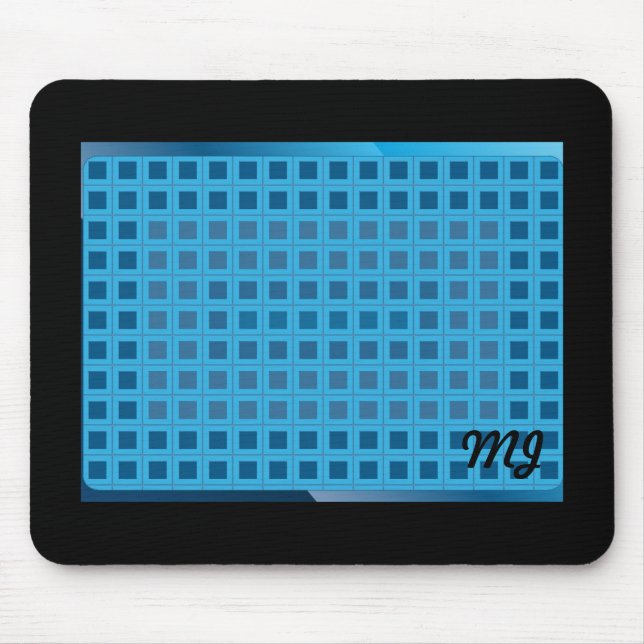 Blaue moderne Quadrate mit Initialen Mousepad (Vorne)