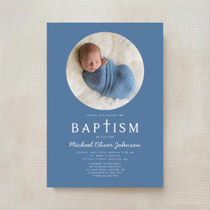 Blaue moderne religiöse Kreuz-Foto-Jungen-Taufe Einladung