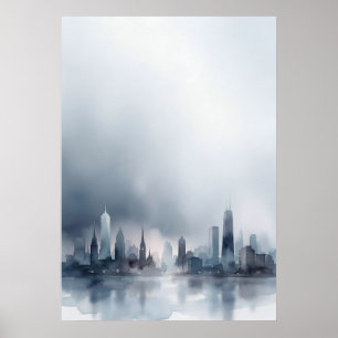 Blaue Moderne Stadt-Skyline Wasserfarbenposter Poster