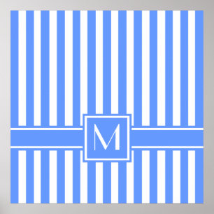 Blaue, moderne Streifen mit Monogramm Poster