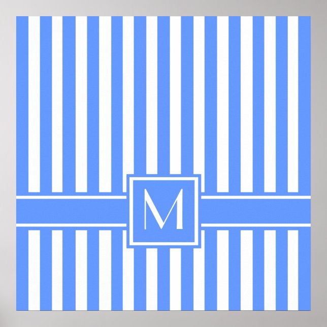 Blaue, moderne Streifen mit Monogramm Poster (Vorne)