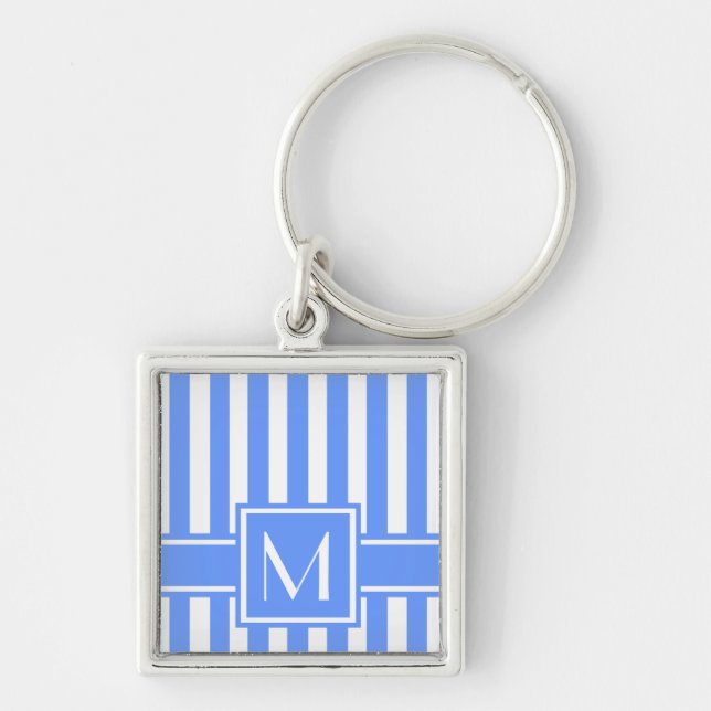 Blaue, moderne Streifen mit Monogramm Schlüsselanhänger (Vorne)