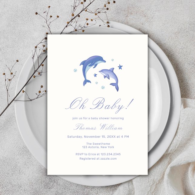 Blaue moderne Unterwassermassagedusche Einladung (Blue Modern Under The Sea Dolphin Baby Shower Invitation)