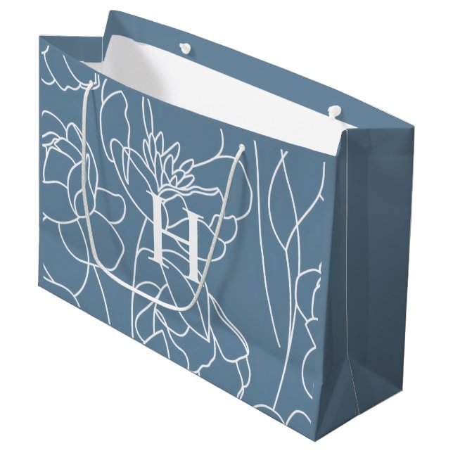 Blaue moderne Wildblumen-Monogramm-Name Große Geschenktüte (Vorderseite Schrägansicht)