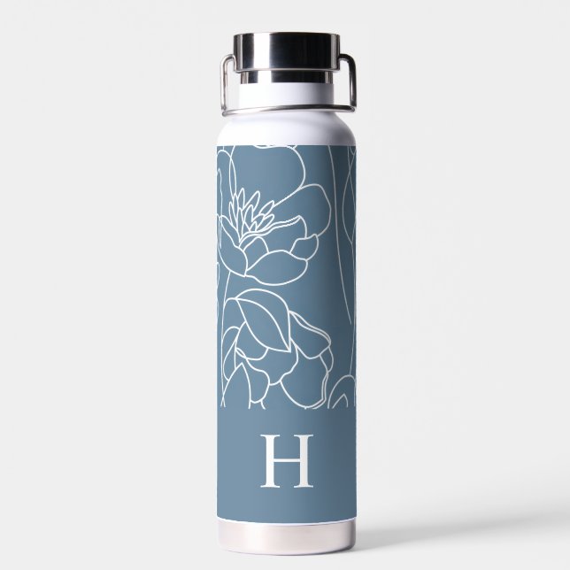 Blaue moderne Wildblumen-Monogramm-Name Trinkflasche (Rückseite)