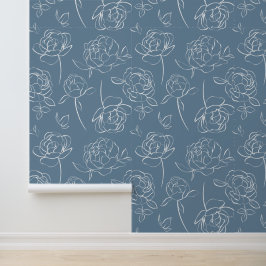 Blaue moderne Wildblumen-Wallpaper in Weiß Tapete
