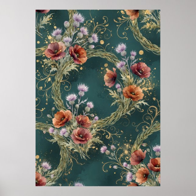 Blaue Mohn-Distel-Blumenkranz Poster (Vorne)