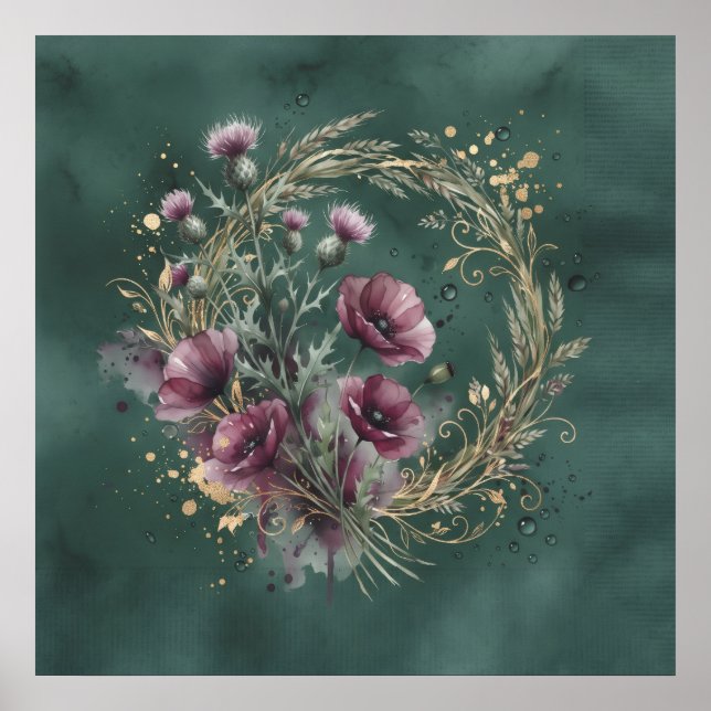 Blaue Mohn-Distel-Weizen-Kranz Poster (Vorne)