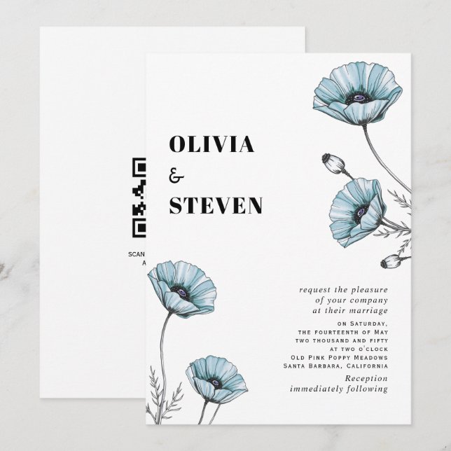 Blaue Mohn-Wildblumen-Blumenhochzeit QR-Code Einladung (Vorne/Hinten)