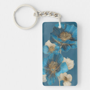 Blaue Mohnblume Goldene Linien Kunst Botanische Bl Schlüsselanhänger