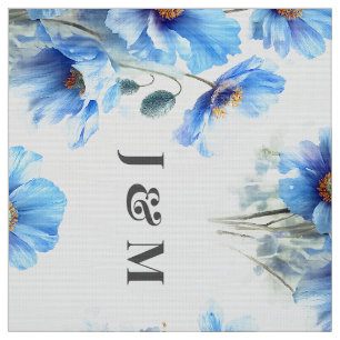 Blaue Mohnblumen-Hochzeitsstoff mit Monogramm Stoff