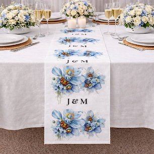 Blaue Mohnblumen-Hochzeitsstoff mit Monogramm Stoff