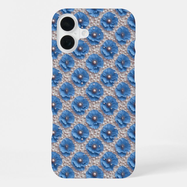 Blaue Mohnblüten Luxus ✨ Perlen Blumen Elegant iPhone Hülle (Rückseite)